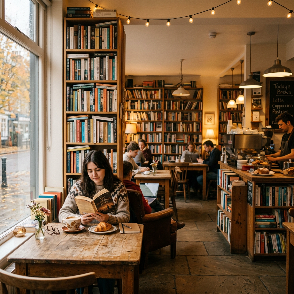 Woman sitting at wooden table in a café reading a book with a cup of coffee and a croissant